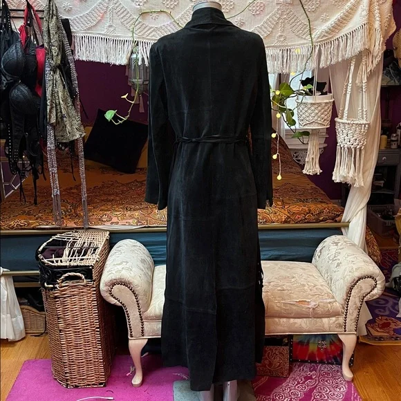 Vintage 90s Goth black suede leather maxi duster trench coat jacket - Picture 5 of 7